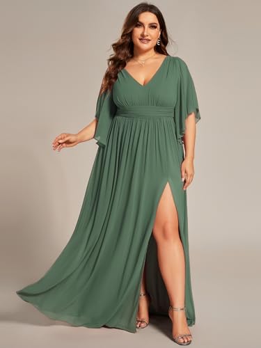 Image of Ever-Pretty Plus Women's Plus Size V Neck Half Sleeves Slit A Line Floor Length Bridesmaid Dress 01886-DA