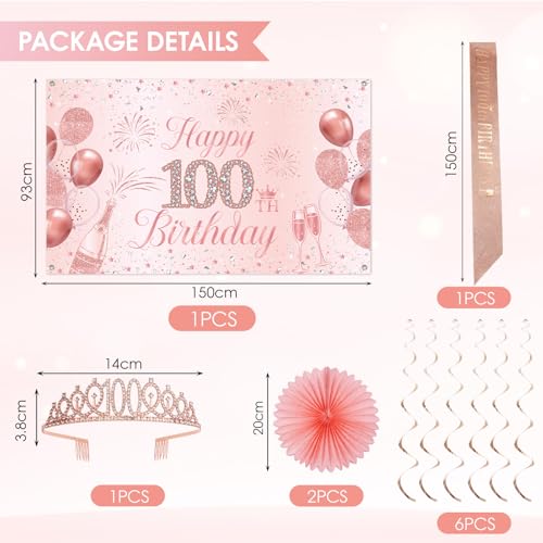 100th Birthday Decorations for Women, 100th Rose Gold Birthday Party Supplies, 100 Years Celebration Kit Including Backdrop, Crown, Sash, banner, Hanging Swirl,Balloons,Paper Fans for Her by Ryzovo - Used condition - Image 3