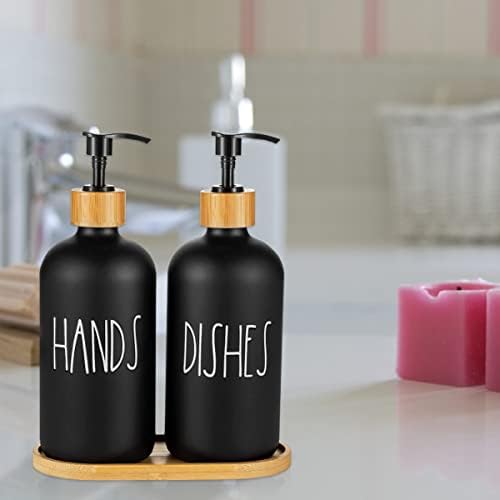 2 Pack Soap Dispenser Bottle with Bamboo Pump Soap Tray 16 Oz Refillable Hand Soap Container Reusable Rustic Detergent Bottle Durable Glass Soap Dispenser Set(Black 2 Pack)