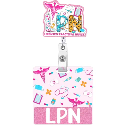 LPN Badge Buddy Card Holder - Pink Nurse ID Badge Reel Buddy for Nurse Work Accessories, Glitter Acrylic Retractable LPN Badge Holder for Hospital Medical Assistant Apparate Thank You Gifts