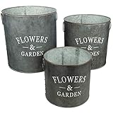 Das Set beinhaltet 3 Zinkeimer Vintage rund. Die Blumenkübel besitzen ein einzigartiges Design.