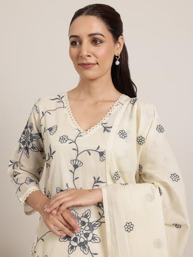 Image of Libas Embroidered Cotton Straight Kurta With Trouser and Dupatta