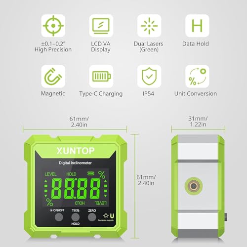Image of XUNTOP 4x90 Digital Angle Finder with Green Laser(Class 2, <1mW Output) 4 Sided Strong Magnetic Digital Angle Gauge Rechargeable IP54 Waterproof Level Box with VA Display for Woodworking Construction