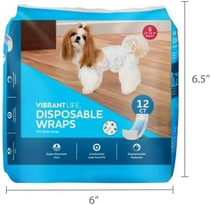 (2 Pack) Vibrant~Life Disposable Dog Wraps for Male Dogs, S, 12 Count