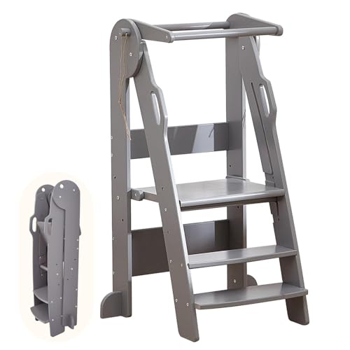 Image of FUNLIO Foldable Kitchen Step Stool, 3-Level Height Adjustable Step Stool for Kids 2-6 Years, Montessori Child Standing Tower for Learning, Easy to Assemble, CPC Approved - Grey