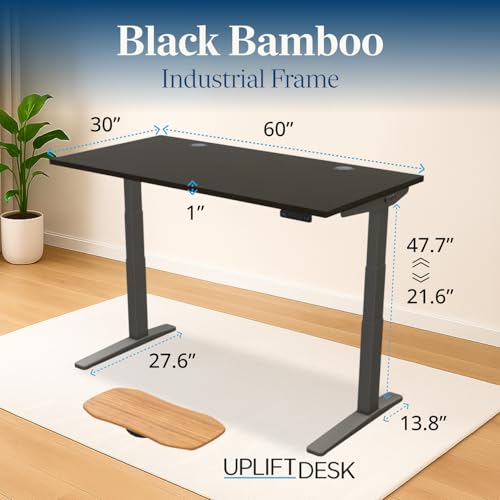 Image of UPLIFTDESK Black Bamboo (60 x 30 inch) Standing Desk 2-Leg V3 Adjustable Stand Up C-Frame (Indus.), Advanced Keypad, Wire Grommets, Wire Tray, Rocker Board