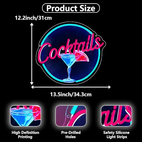 Image of Cocktails Neon Signs for Wall Decor,UV Print Cocktails Glass LED Neon Light Up Sign for Beer Bar Art Wall Lights,Bar Party,Pub,Night Club,Man Cave Decor,Adjustable Brightness