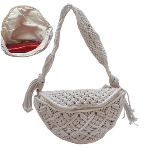 Crochet Beach Bag Boho Woven Cotton Rope Straw Crossbody Bag for Women Rustic Style for Party, Travel, Date (White) Crochet Beach Bag4