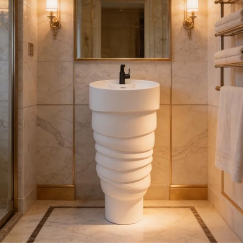 Image of Well Set Luxury Ceramic One Piece Pedestal Wash Basin | Premium Stand Wash Basin Square for Home Office Hotel | White