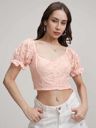 Image of Tokyo Talkies Women's Self Design Print Crop Top | Square Neck | Bishop Sleeves | Chic & Feminine | Tops for Woman | Women Tops | Women Crop Top