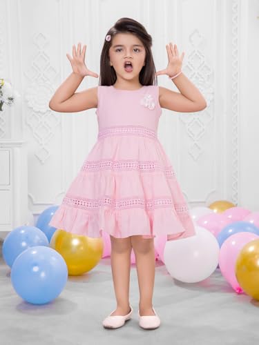 Image of Soft Cotton Lace Work Knee Length Fit & Flare Dress for Kids & Girls, Flower Embellished Frock for Casual & Special Occasion