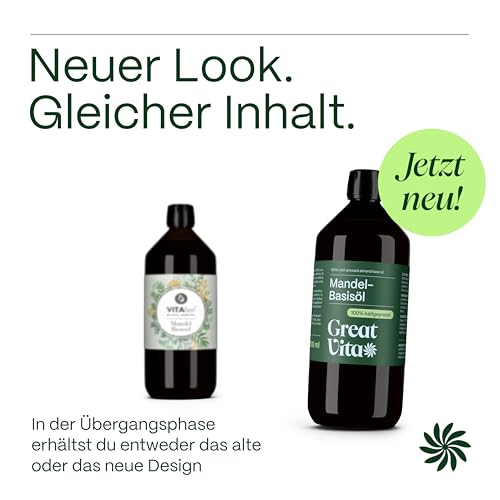 Foto von GreatVita VitaFeel Mandel Basisöl, 1er Pack (1 x 1000 ml) vegan, gentechnikfrei, ideal zur Haut- und Haarpflege, für Aromatherapie & als Basisöl für Massageöle oder Naturkosmetik