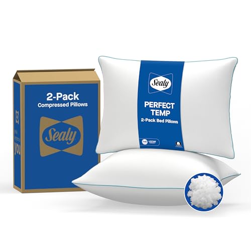 Sealy Almohadas de cama Perfect Temp, funda de felpa 100 % algodón, suave, transpirable, equilibrio de temperatura, absorbe la humedad, relleno de fibra EverFluff hipoalergénico, lavable a máquina