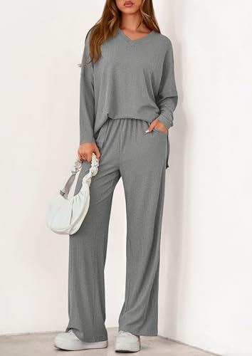 PRETTYGARDEN 2 Piece Lounge Sets for Women Fall Outfits 2025 Casual Loose Long Sleeve Tops Wide Leg Pants Matching Pajama Set
