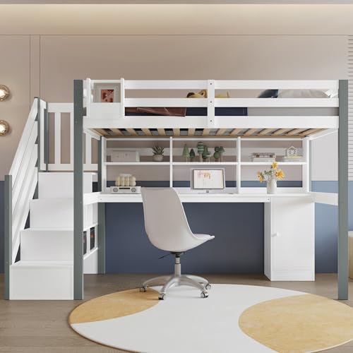 Lit superposé enfant 90x200 avec Protection Anti-Chute, lit Mezzanine avec Bureau,lit Enfant avec escalier rangements, sommier à Lattes, pour Enfants,...