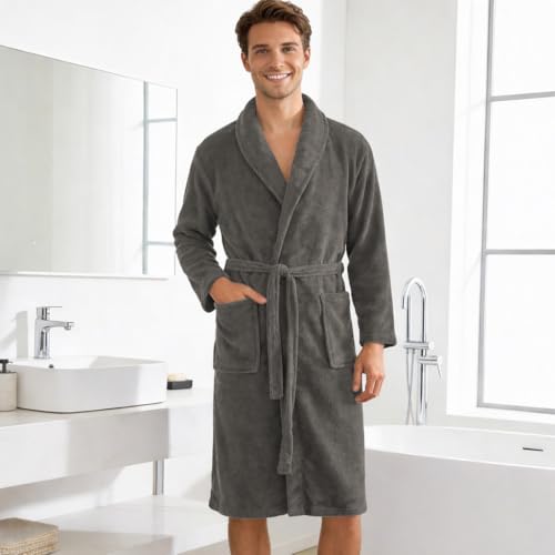 Brandsseller Unisex Bademantel Mikrofaser S/M – Weicher Morgenmantel mit Schalkragen für Damen & Herren – Hausmantel ideal für Zuhause, Reise & Spa – Anthrazit