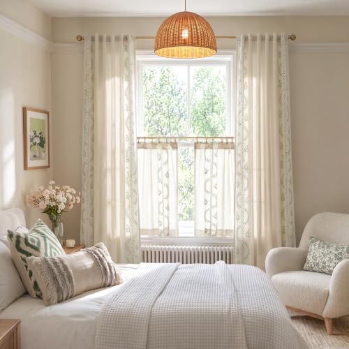 Image of jinchan Green Floral Linen Kitchen Tier Curtains 36 Inch, 2 Panels