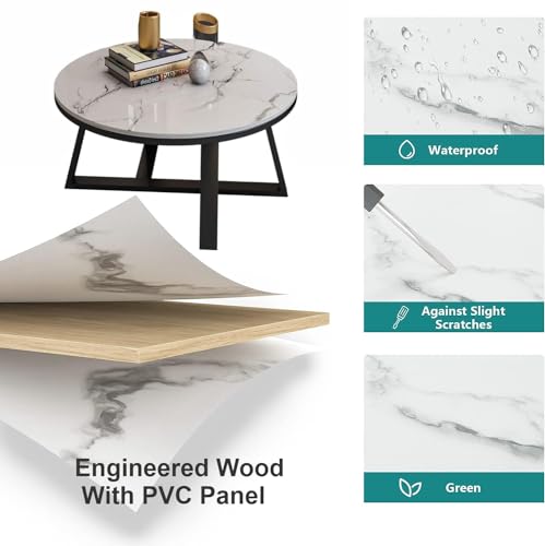 Image of Furniture Cafe Modern Round Coffee Table with White Marble Finish Top and Black Metal Base - Living Room Center Table
