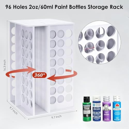 Image of Yrangee Acrylic Paint Organizer, 2 oz Craft Paint Holder Rack with 96 Holes, 360 Spining Craft Storage Organizer Tower for Apple Barrel, Desk Organizer