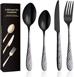 Black Cutlery Sets 16 Piece Stainless Steel Cutlery Set Flatware Set for 4 People Unique Pattern Design Mirror Polished & Dishwasher Safe LONGAIXIN (16)