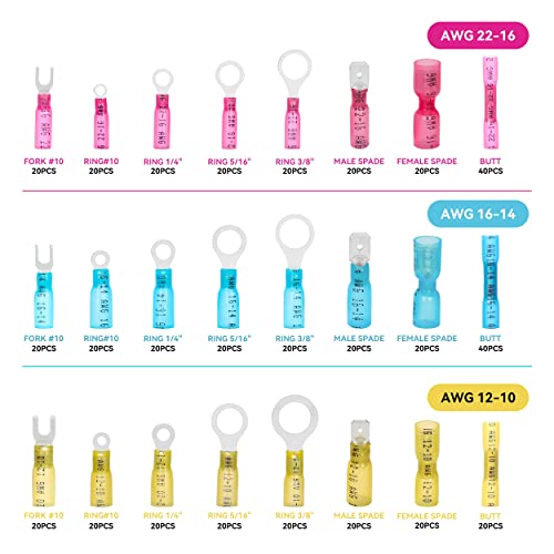 Hks 520Pcs Heat Shrink Wire Connectors Kit 12-10 16-14 22-16 Awg - Tinned Red Copper - Ring Fork Spade Butt Splice Terminal (3Colors/21Size) - Marine Automotive Electrical Waterproof Insulated Crimp #TOP1