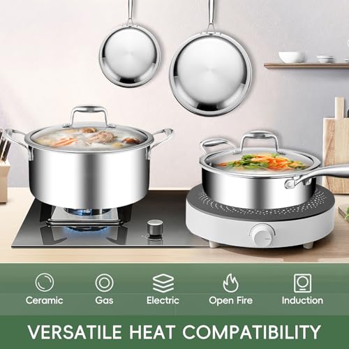 Image of 11-Piece Pots and Pans Set, 18 /10 Stainless Steel Cookware Set, Induction Compatible, PFOA-Free Coating, Dishwasher Safe, Includes Frying Pan & Sauce Pan with Lids