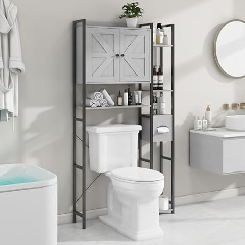Befrases Grey Cabinet, Over The Toilet Storage Cabinet with 2 Doors, Multi Layer Shelves, Bathroom Laundry Room Small Spaces Cover