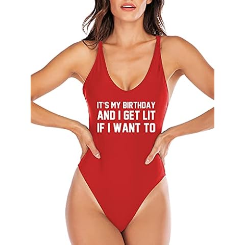 HYTENSUN Women's Criss Cross Back Birthday Slay One Piece Swimsuit Dirty 30 High Cut Bathing Suit, Red Birthday, X-Large Cover