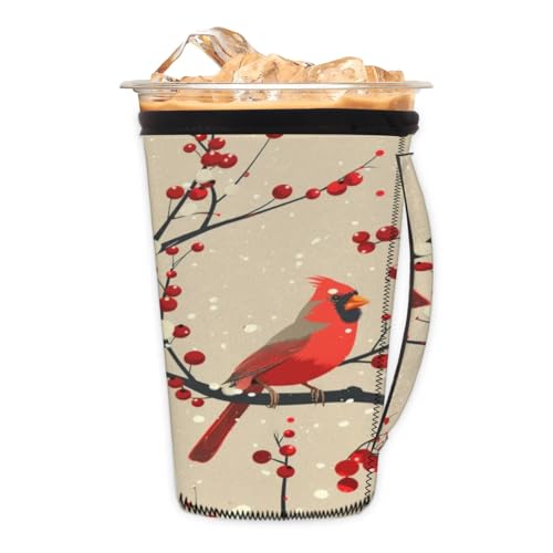 Birds Branches Berries M Reusable Iced Insulator Coffee Sleeves Neoprene Insulated Sleeves With Handle Coffee Sleeves for Iced Coffee Cups Drinks