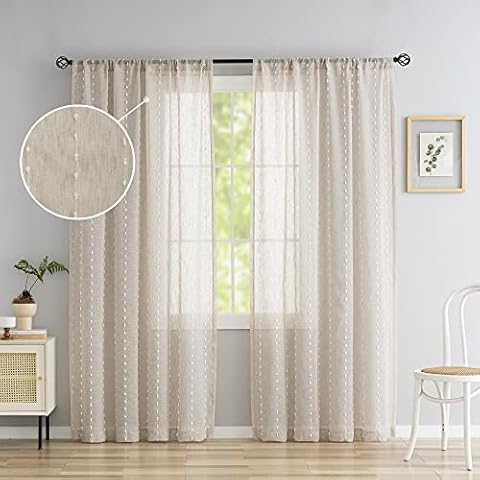 AUFENLLY Pom Pom Faux Linen Sheer Curtains for Nursery Girls Kids Room Semi Sheer Curtains for Living Room Bedroom Rod Pocket Light Filtering Window Treatments 50 x 95 Inch, Beige Cover