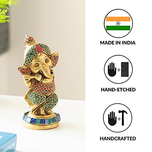 Image of ExclusiveLane 'Englighted' Brass Ganesha Idol for Home (100% Pure Brass, 0.9 Kg, 5.7 Inch)|Decorative Items for Living Room Showpiece for Home Decor Showpiece for Gift Diwali Housewarming Return Gifts