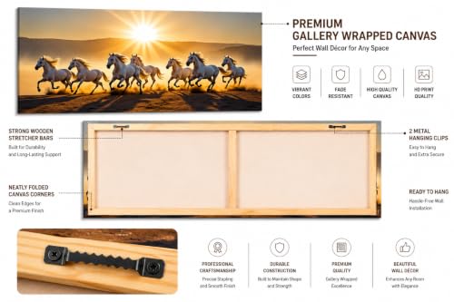 Image of 7 Horse Vastu Sunrise Canvas Painting | Positive Energy Wall Decor | Big Size Premium Running Horses Artwork for Home, Office & Hall Decoration (Modern, Golden Horse, 44x20 Inch)