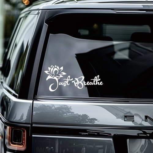 Image of Just Breathe Car Window Decal - Inspirational Lotus Flower Sticker for Vehicle Rear Window - Mindful Driving Accessory Positive Attitude Adhesive Vinyl Decal 8.66 * 3.94inch -XY94 (White)