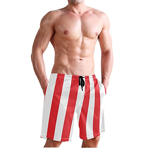 Men's Quick Dry Swim Trunks with Pockets Red and White Striped Beach Swimwear Board Shorts4