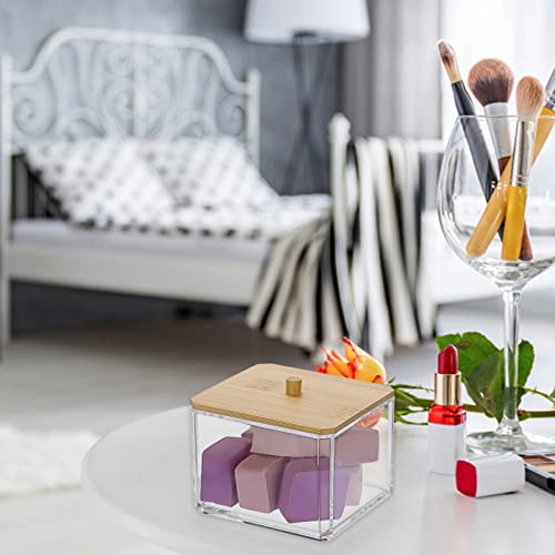 OGANAZI Wattestäbchen Box Acryl Wattepads Behälter Transparent Aufbewahrungsbox mit Bambusdeckel Klein Schminktisch Organizer für Tupfer, Tampon, Beauty-Ei, Schmuck, Kosmetik, Haarbänder (Quadrat)