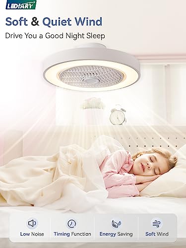 LEDIARY 20 Inch Low Profile Ceiling Fan With Light, Led Bladeless Ceiling Fans, Remote Control Enclosed Flush Mount Ceiling Fan With Timming, 3000-6000K, 6 Wind Speed, 3000LM, 57W-White
