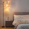 Arc Black Floor Lamp for Living Room with Remote Control,Dimmable LED Floor Lamp with 3 Color Temperature,Farmhouse Boho Standing Lamp with 3-Tier Rattan Wicker Shade,Adjustable Tall Lamp for Bedroom