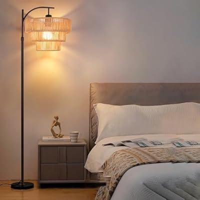 Arc Black Floor Lamp for Living Room with Remote Control,Dimmable LED Floor Lamp with 3 Color Temperature,Farmhouse Boho Standing Lamp with 3-Tier Rattan Wicker Shade,Adjustable Tall Lamp for Bedroom