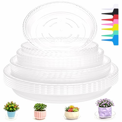25 Pièces Soucoupe Pot Fleur Plastique 11.5/13/15/17cm, Coupelle Pot de Fleur, Soucoupes pour Pots de Fleurs avec 28 Étiquettes, Rondes Dessous de Pot de Fleur pour fleurs d'intérieur et d'extérieur