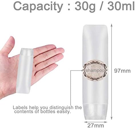 JamHooDirect 6Pcs 30ml Clear Plastic Empty Travel Bottles with Flip Cap, Transparent Refillable Cosmetic Containers Squeezable Tubes Includes 12 Stickers for Shampoo, Conditioner, Lotion, Toiletries