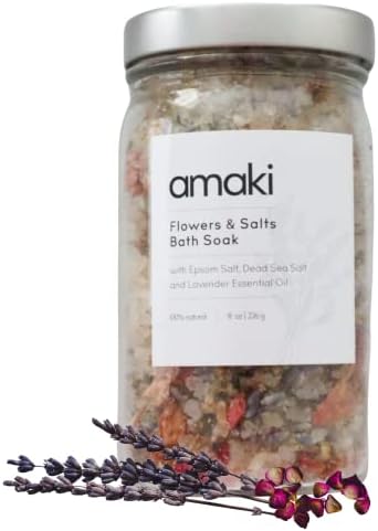Amaki Herbal Bath Soak Blend of Epsom and Dead Sea Salt Infused with Lavender Essential Oil - For Stress Relief, Reduce Sore Muscle, Skin Soothing - Luxury Gift Set of 2, 8 ounces Jars