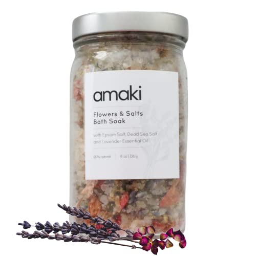 Amaki Herbal Bath Soak Blend of Epsom and Dead Sea Salt Infused with Lavender Essential Oil – for Stress Relief, Reduce Sore Muscle, Skin Soothing – Luxury Gift Set of 2, 8 Ounces Jars