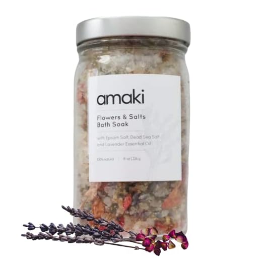 Amaki Herbal Bath Soak Blend of Epsom and Dead Sea Salt Infused with Lavender Essential Oil - For Stress Relief, Reduce Sore Muscle, Skin Soothing - Luxury Gift Set of 2, 8 ounces Jars