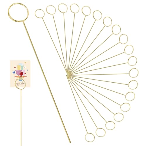 KinetiCore 20 Pack Round Floral Place Card Holders, Gold Metal Wire Table Card Clips, Floral Picks Note Holders for Wedding, Party, Table Number, Business Card, DIY Home Decoration