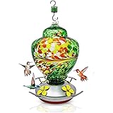 Glass Hummingbird Feeders for Outdoors Hanging. Hand Blown Glass Humming Bird Feeder with Perch and Moat. Leak Resistant & Weatherproof with Hemp Hanging Rope, Hook, & Cleaning Brush (Emerald Green)
