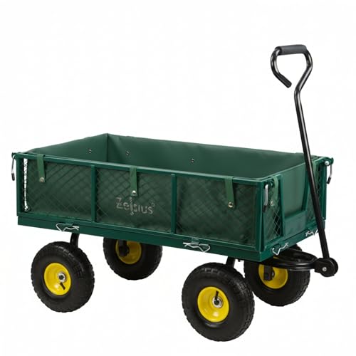 Zelsius Bollerwagen | 350 kg Tragkraft, 105 Liter | Grün/Gelb | Gartenkarre, Gartenwagen, Gartenkipper | Handwagen Luftbereift, Transportwagen Klappbar, Handwagen, Handkarren für Gartenarbeit