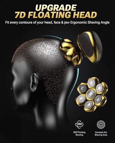 Image of Head Shaver for Bald Men, 7D Floating Electric Razor, Close Smooth Shave for Head, Flexible Heads, Replaceable Blade, IPX7 Waterproof Wet Dry Use, LED Display, USB Charging Gold