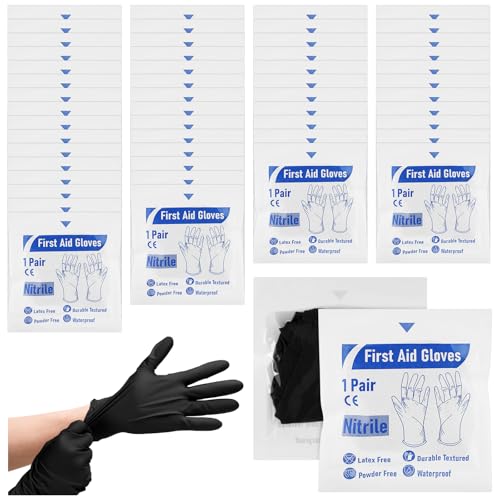 Chicingyou 50 Pairs Disposable Emergency Glove Individually Packaged Travel Gloves Travel Trauma Essential Nitrile Glove (Black)