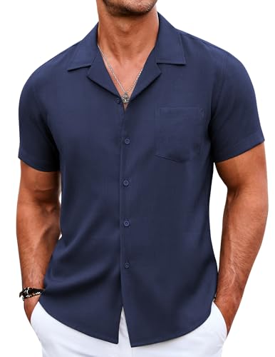 COOFANDY Linen Shirt for Men Short Sleeve Button Down Summer Beach Hawaiian Shirts Camp Cuban Shirts Navy