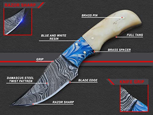 Knifeify Skinner Fixed Blade, Damascus Steel Knife - Fixed Blade Knives - Bush Craft Knife - Hunting Knife & Camping Knife - Skinning Knives & Hunting Knives, With Bone & Resin Bolster Handel Real Leather Knife Sheath (Camel Bone) #TOP3